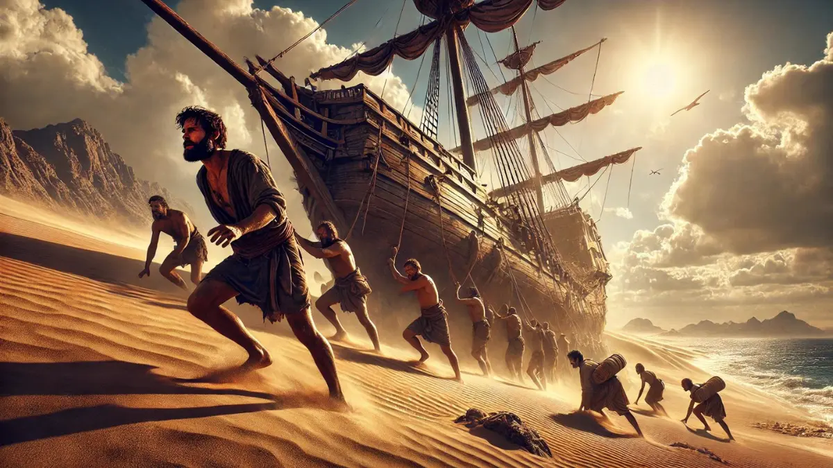the Argonauts stranded in the desert of Libya. They face extreme heat and exhaustion as they carry the Argo, their large wooden ship, overland. The Argonauts, with determined expressions, struggle through the harsh desert conditions. The sun blazes overhead, casting long shadows and highlighting their physical efforts. The atmosphere is tense and arduous, showcasing their perseverance and unity despite the hardships. The landscape is barren and sandy, emphasizing the severity of their challenge