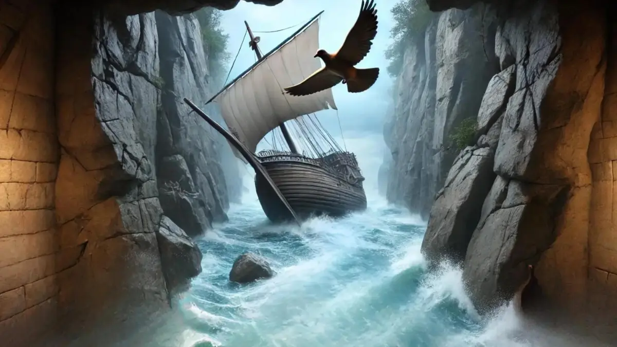 the Argonauts facing the Symplegades, deadly clashing rocks. The scene shows a single large wooden ship navigating through the narrow passage. To navigate safely, they release a dove. The dove flies through, and the rocks crash behind it. The Argonauts row with all their strength following the dove’s path. The intense moment captures them just as they pass through the rocks, which are about to close again. The background features turbulent waters and dramatic, towering rocks.