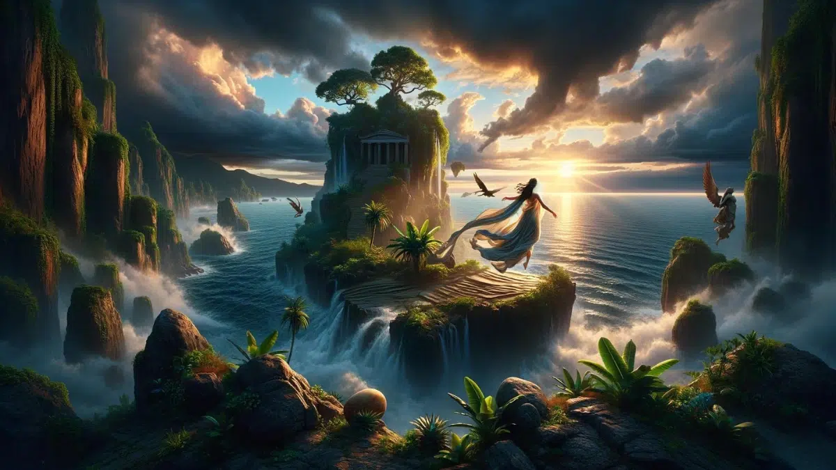 Leto being sent to the floating island of Delos to give birth. The setting is a mystical island surrounded by the vast sea, emphasizing its isolation. Leto, the graceful Titaness, is portrayed arriving on the island, her figure draped in flowing robes, conveying a sense of urgency and desperation