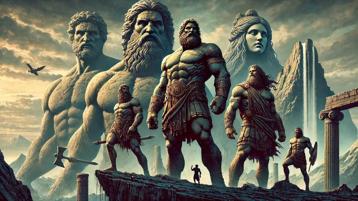 The Titans, powerful beings in Greek mythology, depicted as large and imposing figures. They stand together, showing their great strength and size. The scene is set in an ancient, rugged landscape, with towering mountains and a vast sky. Uranus, the sky, and Gaia, the earth, are in the background, symbolizing their parentage. The Titans wear ancient armor and carry large weapons, emphasizing their dominance and power. The overall scene captures the awe and majesty of these mighty beings who ruled the world before the Olympians