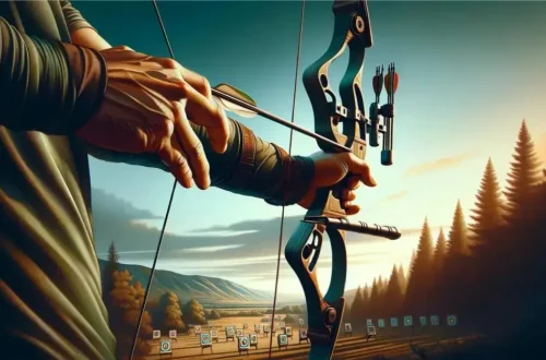 n archer demonstrating the thumb release technique, set against a backdrop that complements the focus on skill and precision in archery