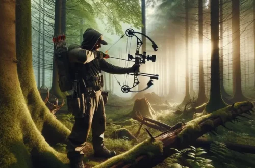 a hunter using a vertical crossbow in a natural, outdoor setting