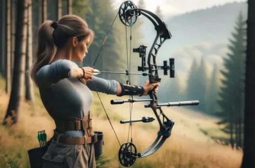 a woman using a compound bow, aiming at a target. The setting and her focused stance highlight the skill and concentration involved in archery