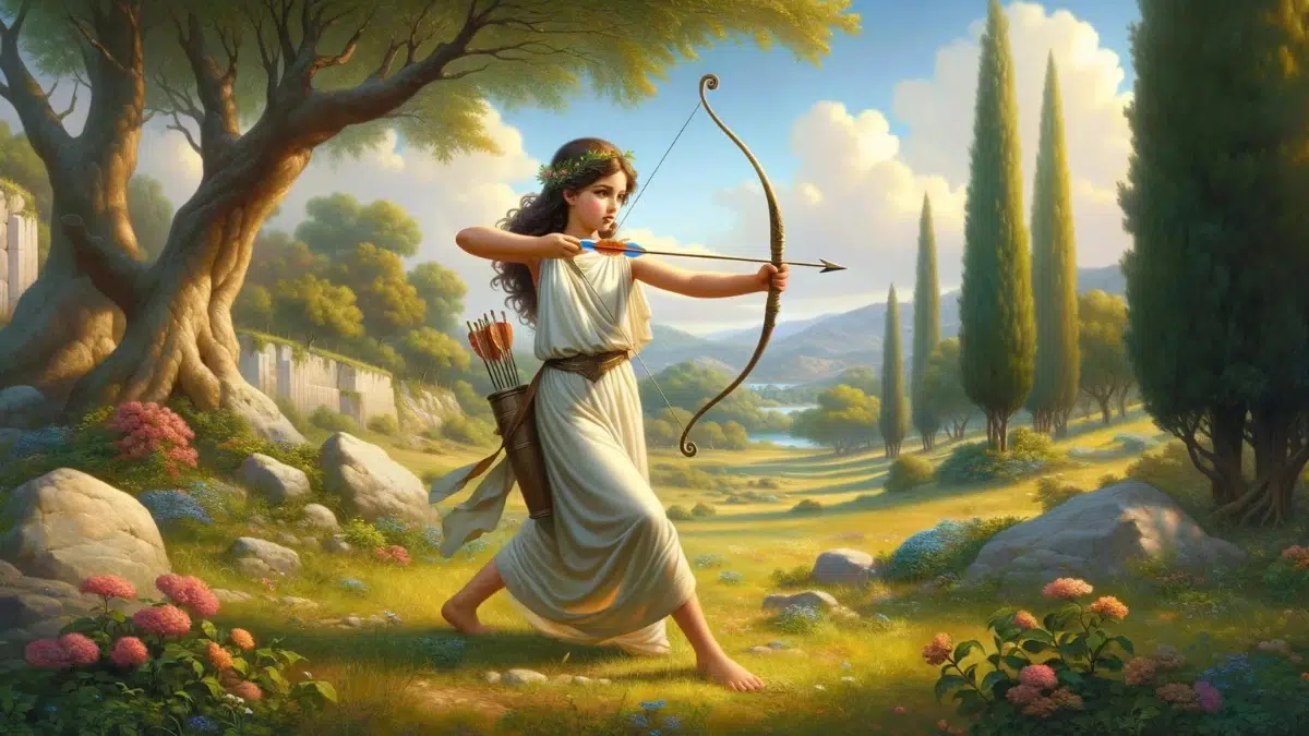 A depiction of Artemis in her early years, portrayed as a young girl in the process of learning to use a bow and arrow