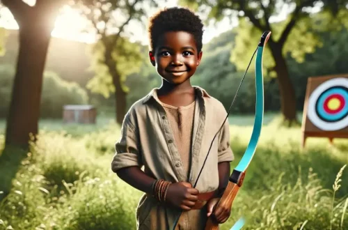 a young Black boy, around 8 years old, holding a bow in an outdoor setting. The boy is dressed in a comfortable outfit suitable for a child of his age, engaging in outdoor activities. He stands in a grassy area with a background of trees, embodying a youthful and adventurous spirit. The lighting is bright and cheerful, highlighting his features and the playfulness of the setting, capturing a moment of fun and exploration in archery for a child of eight.