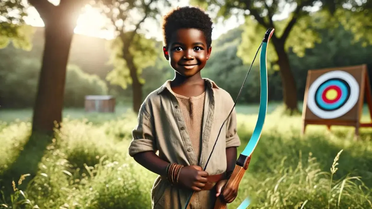 a young Black boy, around 8 years old, holding a bow in an outdoor setting. The boy is dressed in a comfortable outfit suitable for a child of his age, engaging in outdoor activities. He stands in a grassy area with a background of trees, embodying a youthful and adventurous spirit. The lighting is bright and cheerful, highlighting his features and the playfulness of the setting, capturing a moment of fun and exploration in archery for a child of eight.