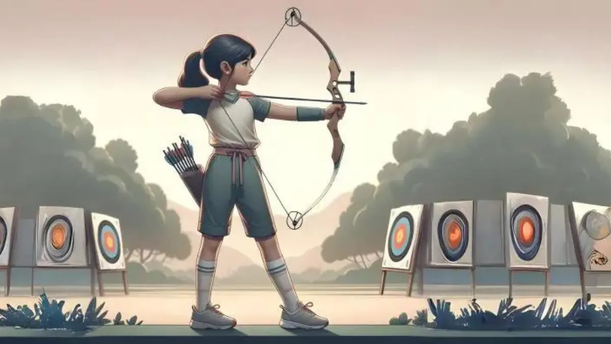An image depicting a young girl learning the proper stance for beginner archery, set in an outdoor environment.