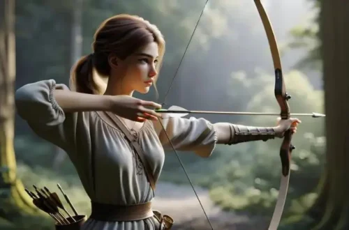 young woman archer aiming her bow and arrow outdoors