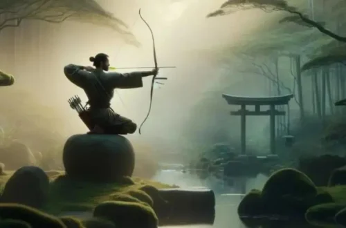capturing a highly tranquil and serene setting for "The Zen of Archery: Being Present in the Moment," featuring a solitary archer in a meditative pose within a serene environment