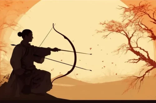 a silhouette of a Zen archer as he holds his bow and arrow against the background of an orange sky