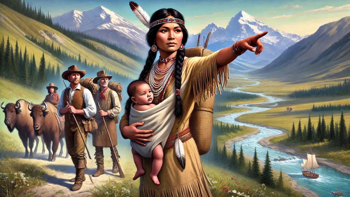 a Shoshone woman, standing confidently beside Lewis and Clark, guiding them through a vast, rugged landscape wears traditional Shoshone clothing, with a beaded dress and moccasins, carrying a baby with background shows mountains, rivers, and forests