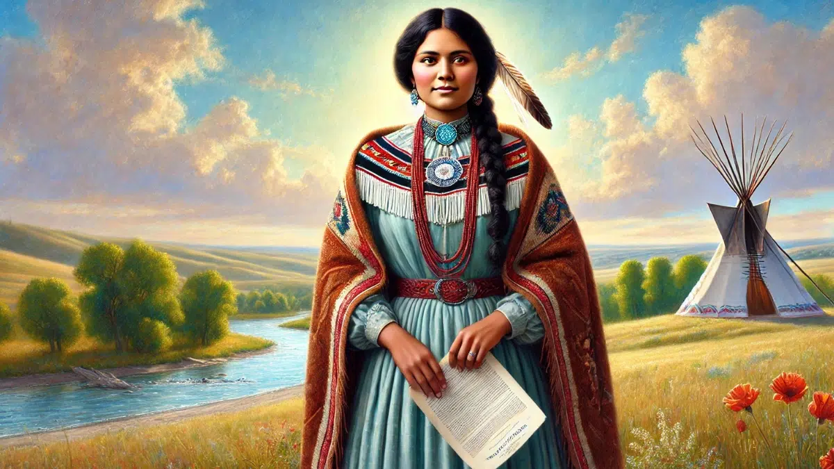 a Northern Paiute woman standing in traditional dress with intricate beadwork holds documents in one hand with background shows landscape with rolling hills and a river under a wide blue sky