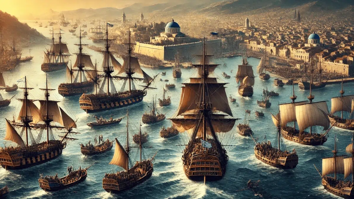 The Siege of Nafplion, showing Laskarina Bouboulina leading her fleet to blockade the port. The scene depicts a large Greek fleet surrounding the port of Nafplion, with ships positioned strategically to cut off supplies to Ottoman forces. The Greek flag flies proudly from Bouboulina's flagship. Ottoman ships are seen trapped within the port, unable to break the blockade.