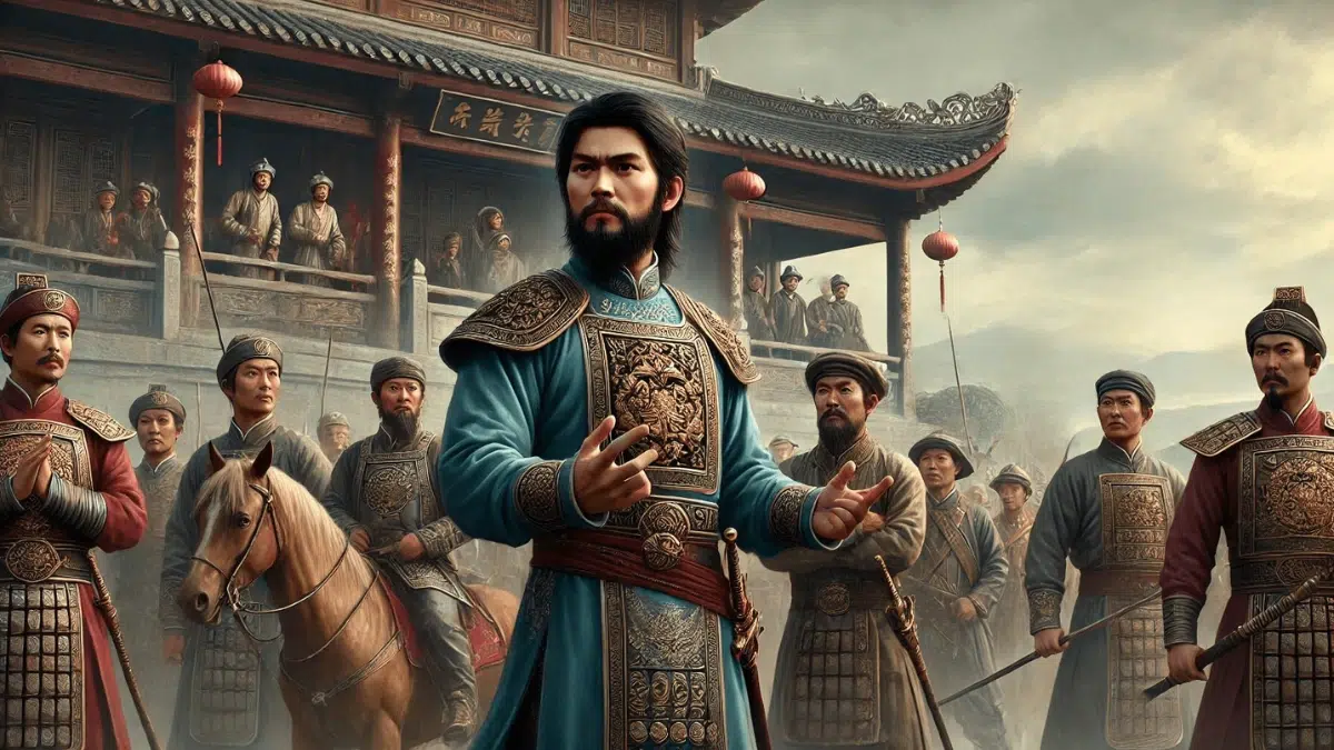 Thi Sách, Trưng Trắc's husband and general, who was executed brutally for opposing China's strict rules, especially the high taxes. The scene shows Thi Sách in traditional ancient Vietnamese military attire, standing defiantly as he organizes other aristocrats to rebel against the Chinese changes.