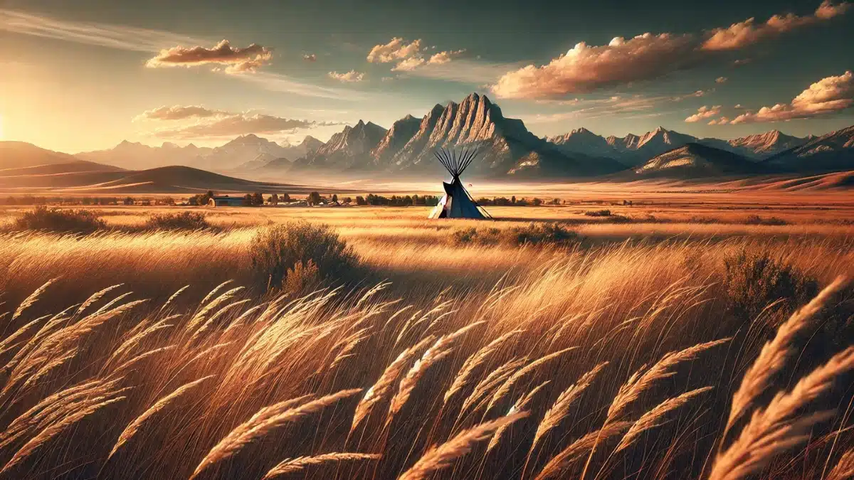 A scenic image representing the Blackfoot Nation, with expansive plains stretching toward distant mountains. The scene features golden grasses swaying in the wind, a clear blue sky with soft clouds, and a traditional Blackfoot teepee set in the middle of the landscape