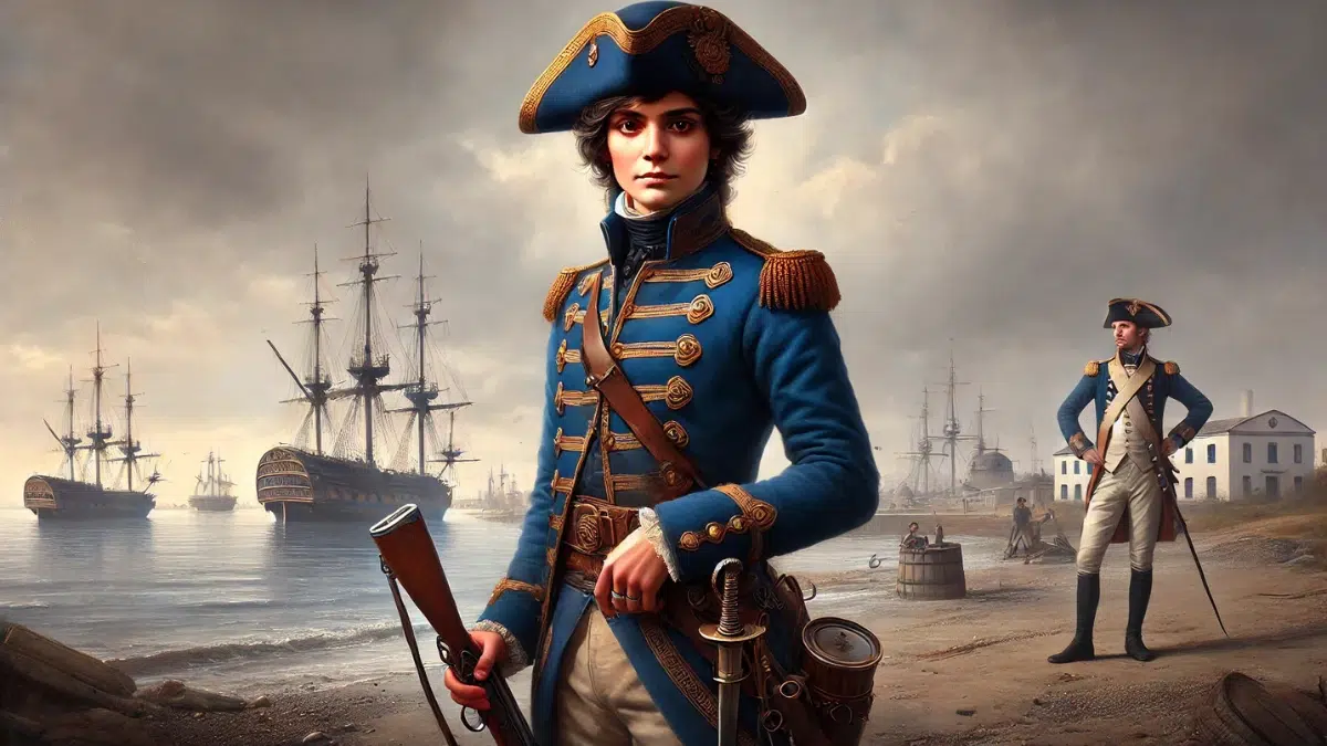 Ana María de Soto, a historical figure from Spain, depicted as the first woman to serve in Spain’s Marine Infantry. She is dressed in an 18th-century Spanish Marine uniform, including a blue naval jacket, breeches, and a tricorn hat, disguising herself as a man. Her hair is short to complete her male disguise, and she stands confidently holding a musket