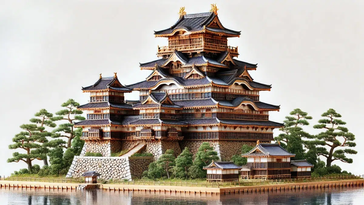 historically accurate depiction of Azuchi Castle, the iconic 16th-century fortress built by Oda Nobunaga. The castle sits atop a hill, showcasing its grand multi-story design with a stone foundation and intricate wooden architecture. The structure features ornate golden accents and detailed carvings, symbolizing Nobunaga’s power and ambition. Surrounding the castle are lush trees and a serene lake reflecting the majestic structure