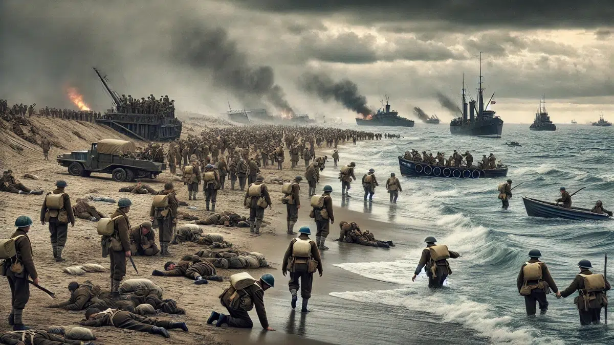 A realistic and dramatic scene on the beaches of Dunkirk during World War II. The beach is filled with British soldiers in worn uniforms, some looking exhausted, others helping their comrades. In the distance, smoke rises from burning ships, while small boats approach the shore to evacuate soldiers. The sky is overcast with dark clouds, giving the scene a somber and tense atmosphere