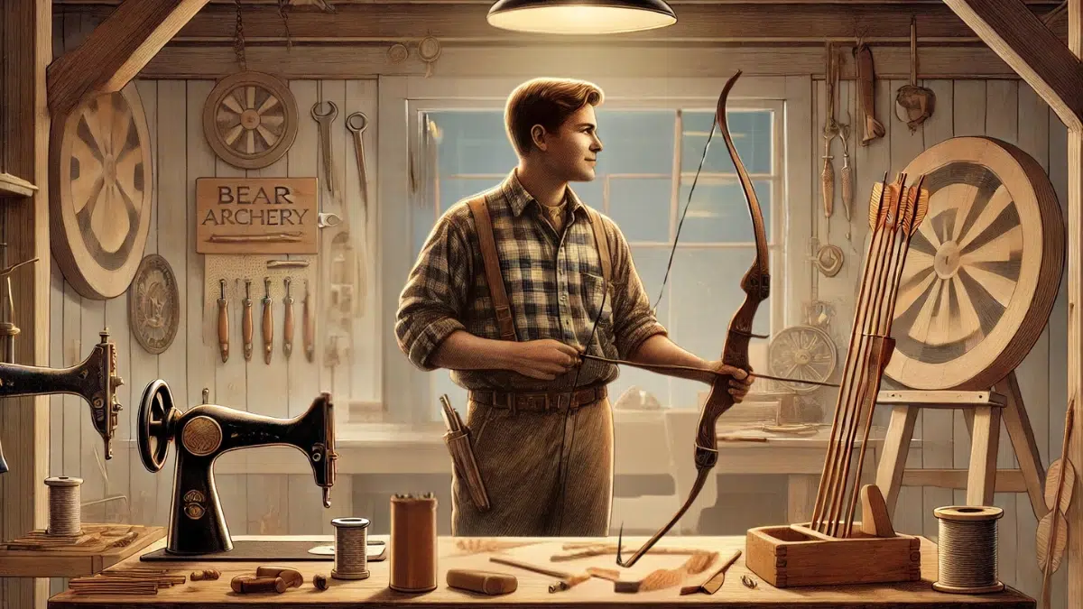 Fred Bear in his 30s, circa 1933, depicted as a young, ambitious man starting Bear Archery. He is dressed casually in a plaid shirt and stands in a modest workshop surrounded by traditional archery equipment, wooden bows, arrows, and early prototypes. The setting reflects the era, with vintage tools, a workbench, and soft, warm lighting that highlights his focus and determination