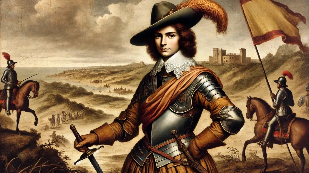 Catalina de Erauso, also known as the 'Lieutenant Nun,' depicted in the 17th century wearing traditional Spanish military attire, disguised as a man. She wears a soldier's uniform with a breastplate, breeches, and a wide-brimmed hat, holding a rapier confidently at her side. Her face shows determination and strength, with features slightly obscured to highlight her disguise as a man