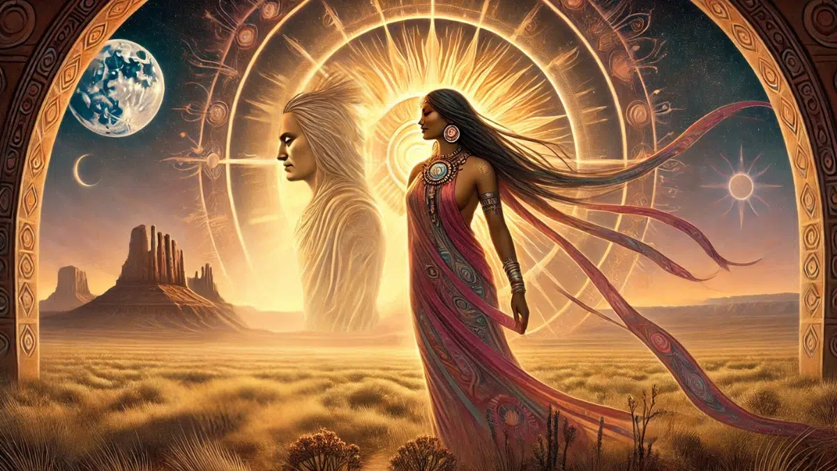 Changing Woman, a powerful Navajo deity representing life and growth, standing alongside the Sun God, symbolizing wisdom and strength. The scene takes place in a vast, sacred desert landscape with a radiant sky. Changing Woman has a serene, nurturing expression with a warm glow around her, exuding vitality, while the Sun God stands with a majestic presence, surrounded by an aura of radiant light symbolizing his power