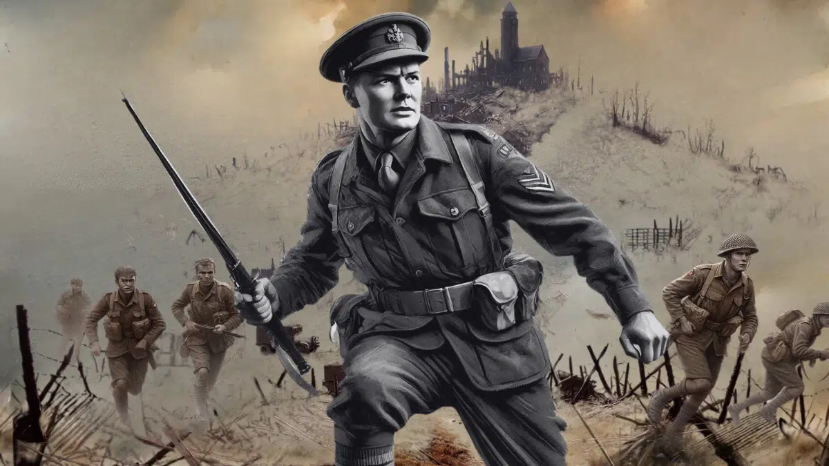 'Mad Jack' Churchill charging forward on a World War II battlefield, holding a Scottish broadsword in one hand with soldiers carrying rifles running behind him, all with focused and determined expressions. The scene is muted with pale orange and grey tones, reflecting the somber and intense atmosphere of war. In the background, a damaged outline of a old village is visible, partially obscured by smoke.
