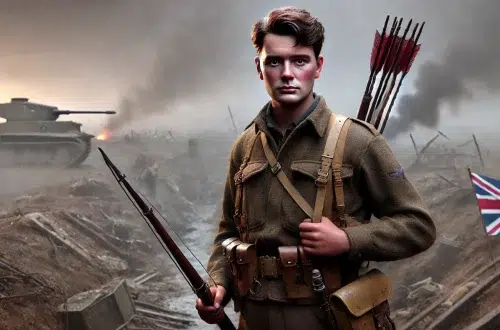 John "Mad Jack" Churchill as a young man during World War II, standing on a WWII battlefield. He is depicted with dark brown hair, resolute expression, wearing WWII military attire. He holds a tall, traditional English longbow