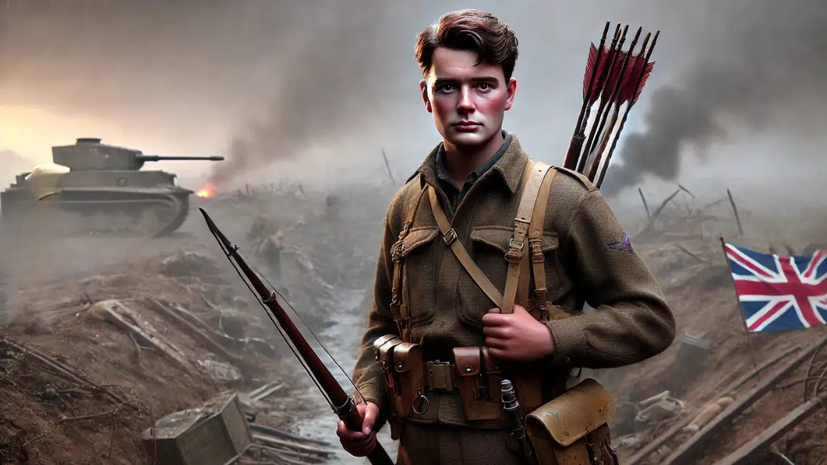 John "Mad Jack" Churchill as a young man during World War II, standing on a WWII battlefield. He is depicted with dark brown hair, resolute expression, wearing WWII military attire. He holds a tall, traditional English longbow