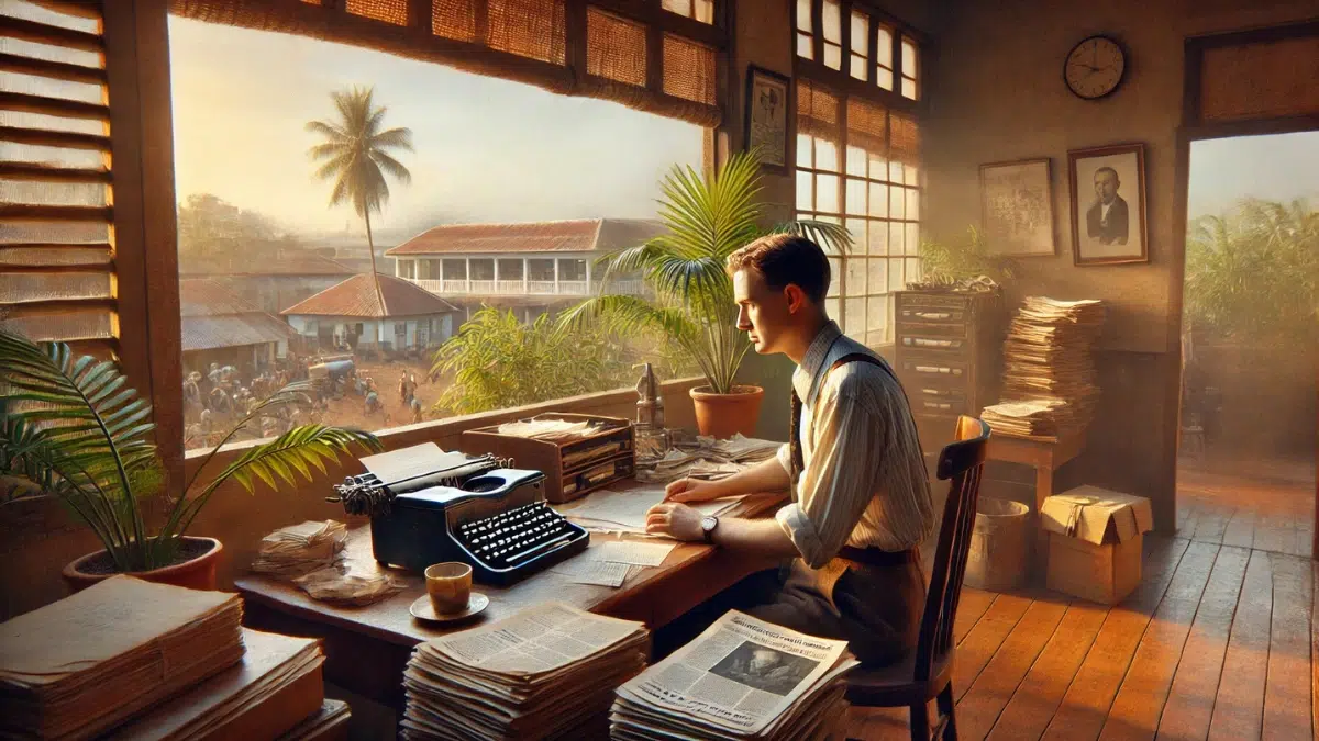 John "Mad Jack" Churchill, age 30, working as a newspaper editor for the British Army journal in Nairobi, Kenya, in 1936. He is seated at a wooden desk in a modest, open-air office, with windows that reveal Nairobi’s tropical scenery—lush plants, warm sunlight, and distant buildings typical of the city. Churchill is focused on editing a newspaper article, surrounded by typewriters, stacks of paper, and a coffee cup. His attire is typical of the 1930s