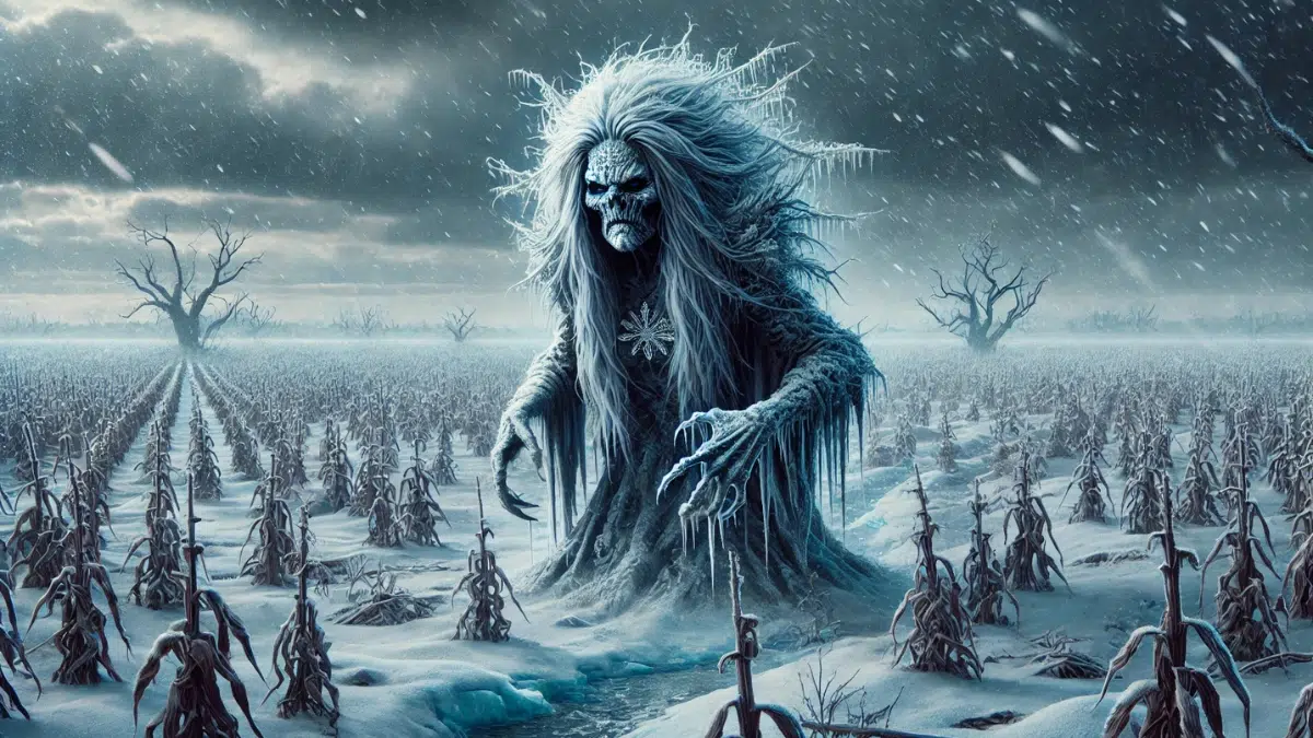 Cold Woman, a monstrous figure in Navajo mythology who controls harsh winter conditions. Cold Woman stands in a frozen, desolate landscape, surrounded by snow and ice, with a chilling expression that conveys her power over winter. Her presence causes the environment to look bleak, with withered crops and barren fields symbolizing famine and hardship