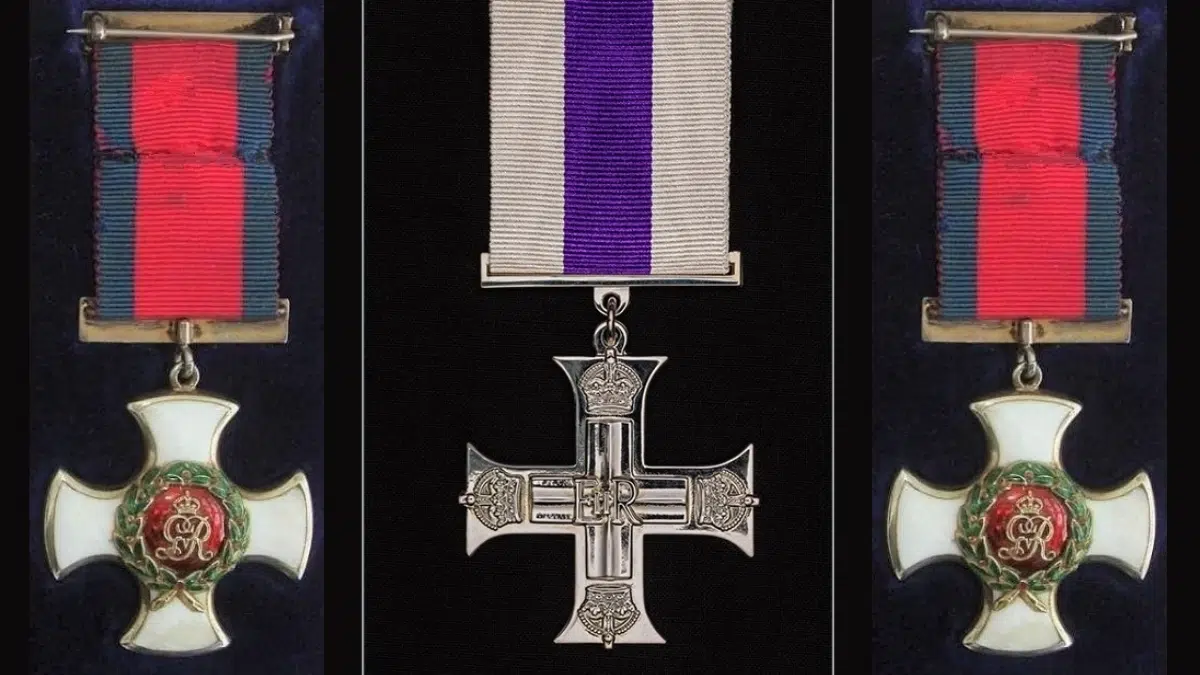 The Military Cross (MC) is the third-level (second-level until 1993) military decoration awarded to officers and (since 1993) other ranks of the British Armed Forces in the centre, with the Distinguished Service Order (DSO) is a military decoration of the United Kingdom, as well as formerly of other parts of the Commonwealth, awarded for operational gallantry for highly successful command and leadership during active operations on each side