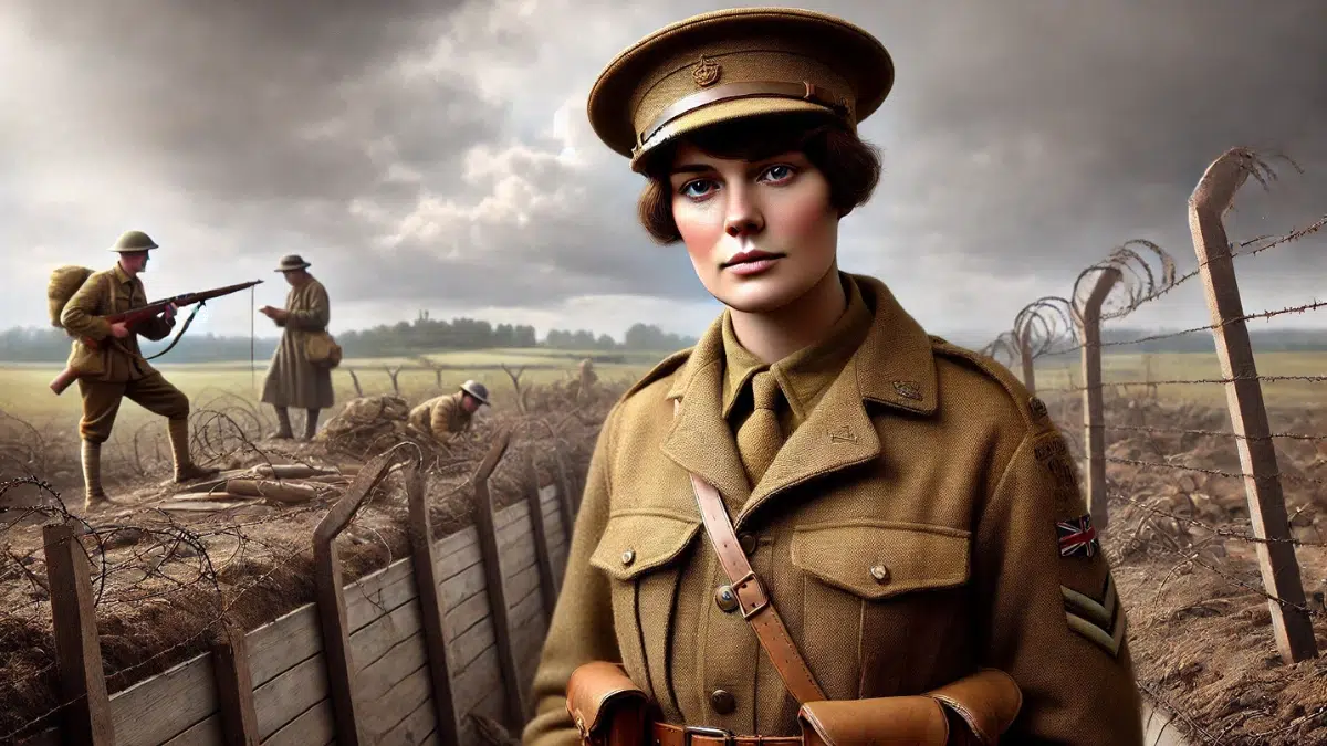 Dorothy Lawrence, a British journalist from World War I, depicted in disguise as Private Denis Smith, a male soldier. She wears a British Army uniform of the era, including a tunic, trousers, and a military cap, blending in with male soldiers. Her short hair and determined expression reflect her commitment to experiencing the war firsthand