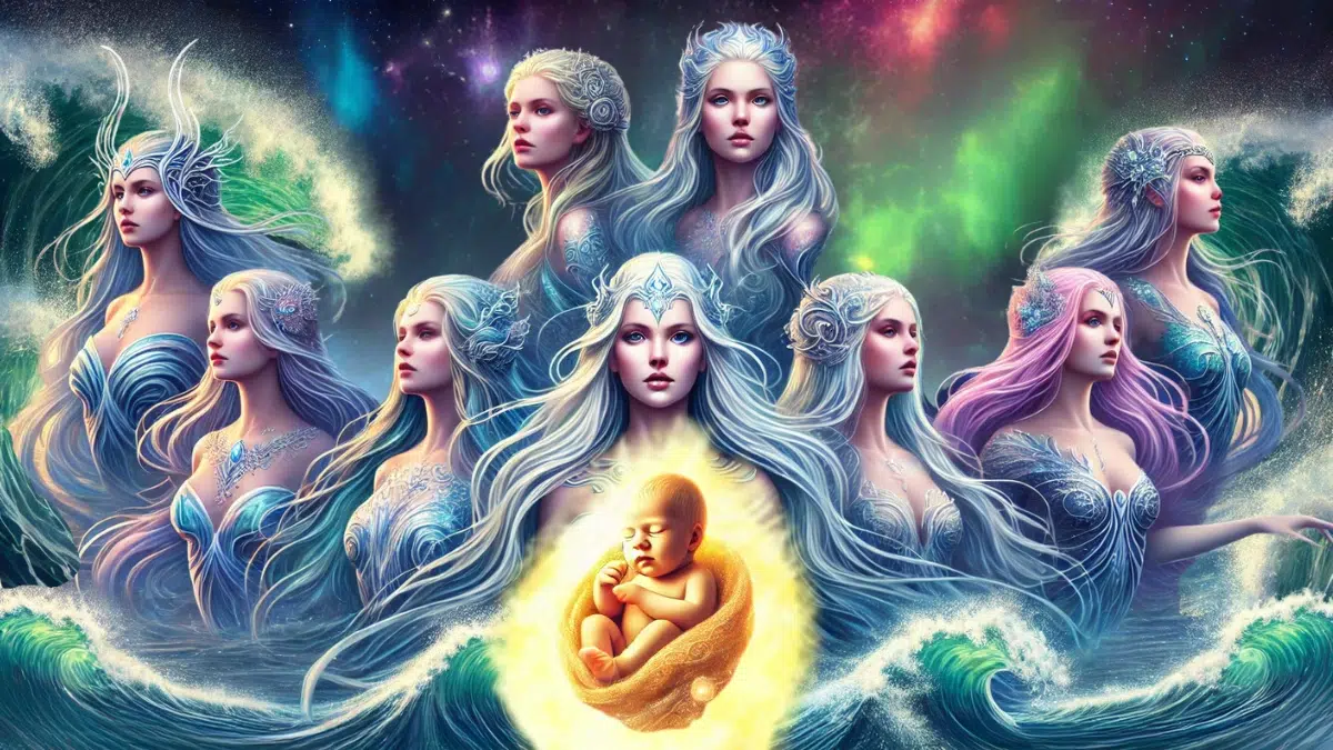 baby Heimdall in Norse mythology, glowing with divine light, cradled in the arms of nine ethereal, wave-like goddesses symbolizing the sea. The baby radiates warmth and innocence, with a subtle golden aura. The background features a shimmering ocean and a vibrant, cosmic sky filled with stars and auroras, highlighting the mystical and otherworldly nature of the scene