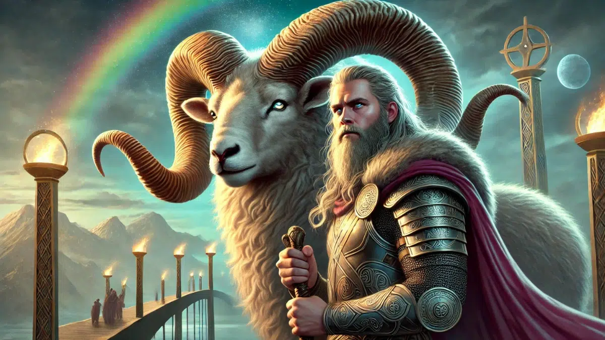 Heimdall from Norse mythology, embodying his epithet 'Hallinskíði,' meaning 'ram' or 'bent stick.' Heimdall stands resolute with a majestic ram by his side, both symbols of strength and leadership. The ram has powerful, curling horns and a vigilant gaze, mirroring Heimdall’s watchfulness