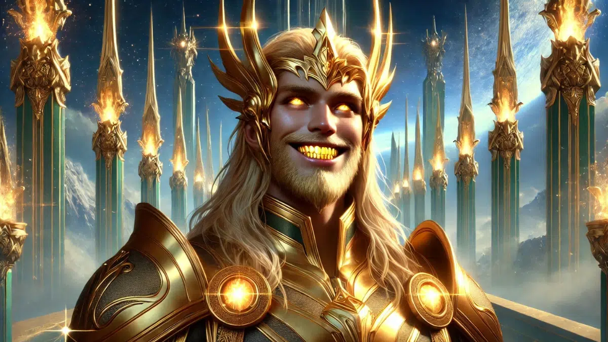 Heimdall, the Gold-Maned Sentinel from Norse mythology, showcasing his golden teeth. Heimdall stands tall in his ornate armor with golden accents, his radiant teeth gleaming as he smiles faintly. The scene is set against the majestic backdrop of Asgard