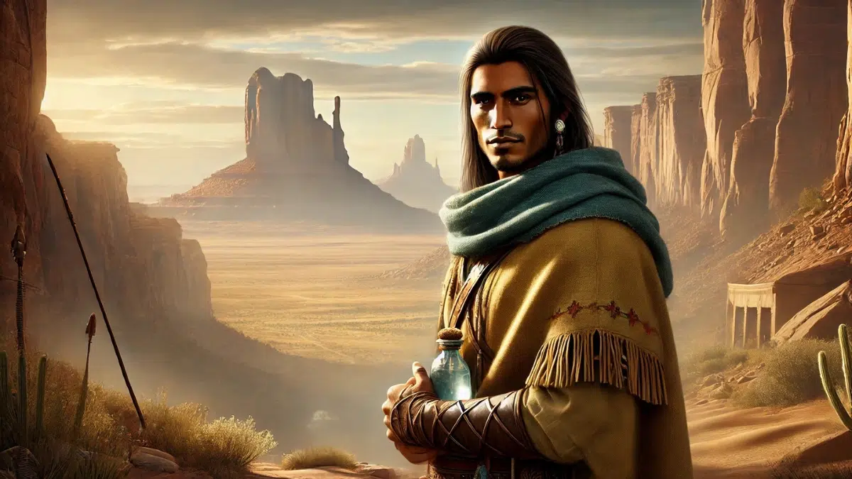 Born-For-Water, the Navajo Hero Twin, standing in a rugged desert landscape. He has a calm and wise expression, symbolizing his role as a healer and protector. He carries a small pouch of sacred water, symbolizing his healing abilities, and looks poised and ready to support his brother, Monster Slayer