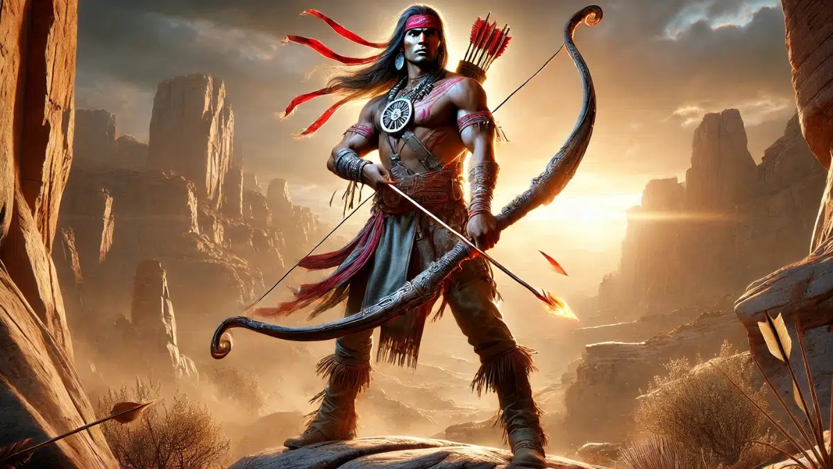 Monster Slayer, a Navajo Hero Twin, standing in a rugged desert landscape, armed with a sacred bow and arrows gifted by the Sun God. He has a determined and intense expression, ready to face dangerous creatures. His bow and arrows emit a subtle, radiant aura, symbolizing their divine power. The scene captures his stance as a protector, with mountains and a glowing sky in the background