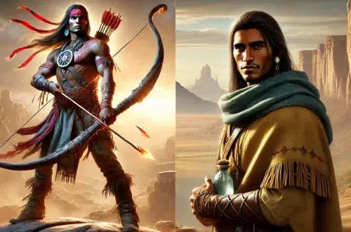 the Navajo Hero Twins, Monster Slayer holds his sacred bow and arrows with a determined expression, symbolizing his strength as a warrior, while Born-For-Water has a calm, wise look, carrying a small pouch of sacred water to signify his healing abilities