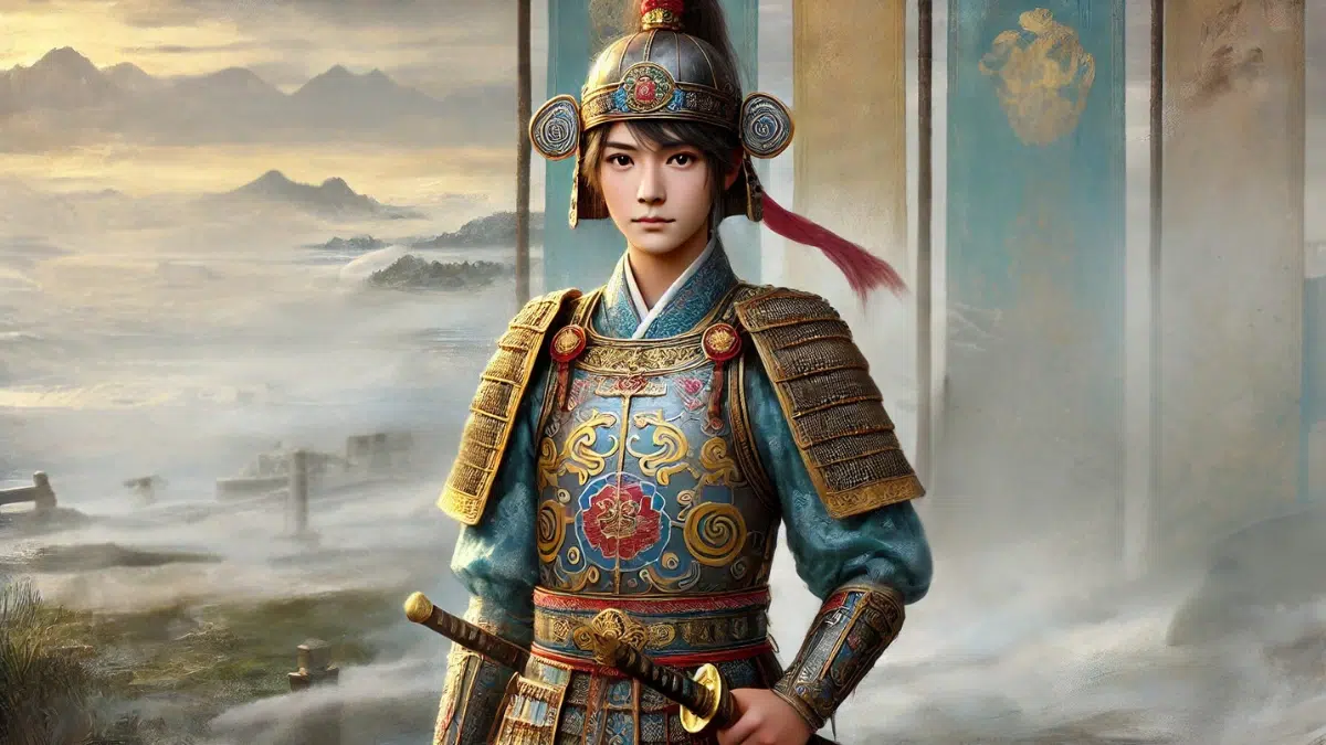 A 16-year-old legendary Chinese warrior from the 4th–6th Century CE, disguised as a man, standing confidently in traditional Chinese male military armour with intricate patterns reflecting ancient Chinese art. Her features appear more neutral to blend in as a male soldier, with her hair completely hidden under a soldier’s helmet