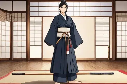 cartoon of a Japanese archer character in traditional dress in a ready stance