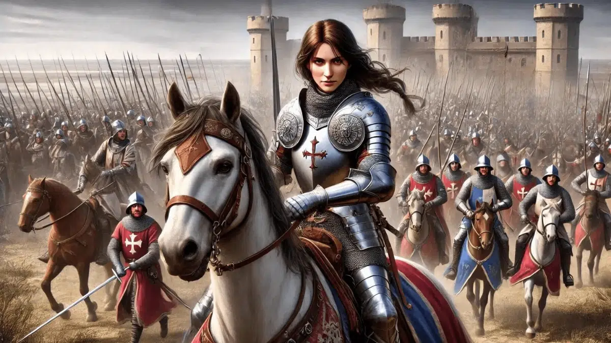 Joan of Arc leading the French army during the Hundred Years' War. Depict her in medieval armour, riding a horse, and holding a sword. Show her at the front of a battle scene with French soldiers rallying behind her. The background features a medieval battlefield with elements like swords and shields, symbolizing the era and the intensity of the conflict. Joan's expression should convey determination and bravery, with a realistic and lifelike style.