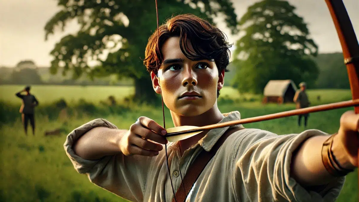 John "Mad Jack" Churchill as a teenager with dark brown hair in Surrey, England. He is shown practicing archery outdoors with a traditional longbow, wearing casual attire appropriate for a young man in the early 20th century. The setting includes the lush, green English countryside with trees and open fields