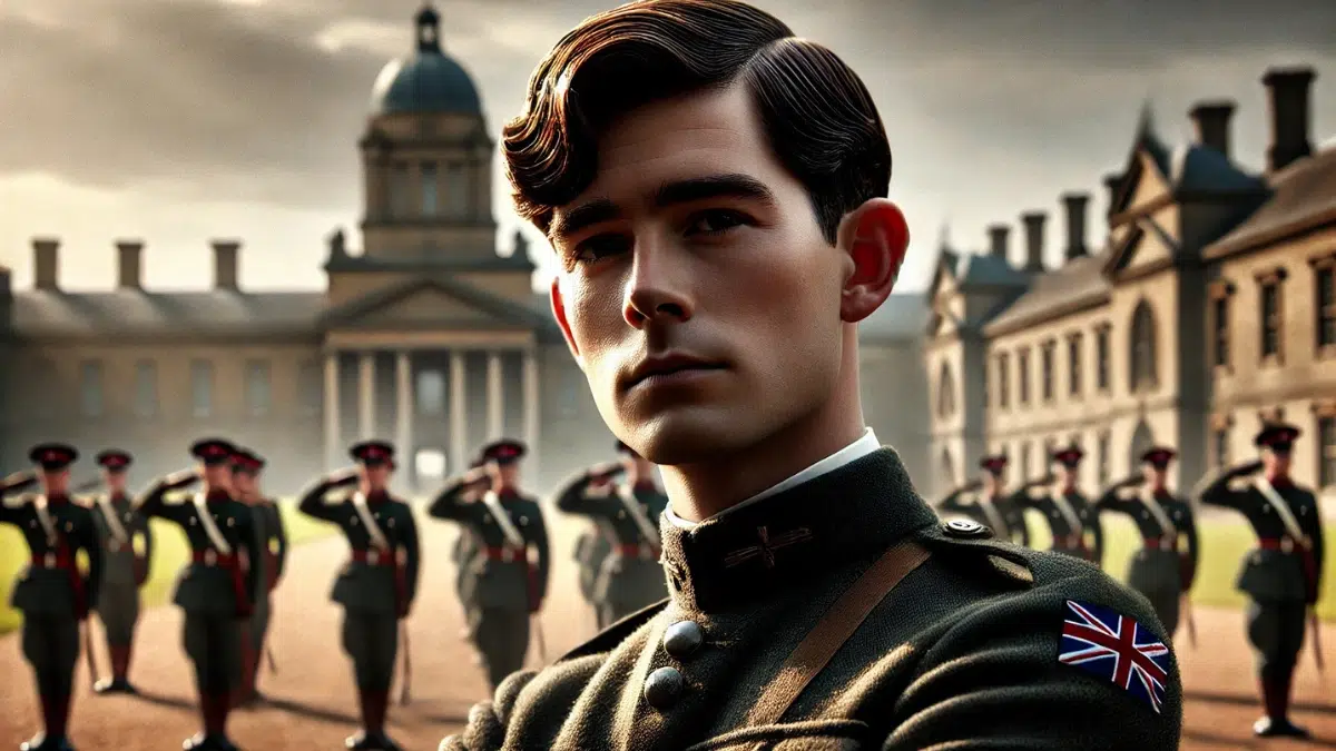 John "Mad Jack" Churchill with dark brown hair, at the Royal Military Academy Sandhurst. He is shown as a young officer in training, in his 30s, wearing a formal military uniform, practicing with a disciplined stance in the academy setting. The background includes the iconic architecture of Sandhurst, with other cadets training in the distance