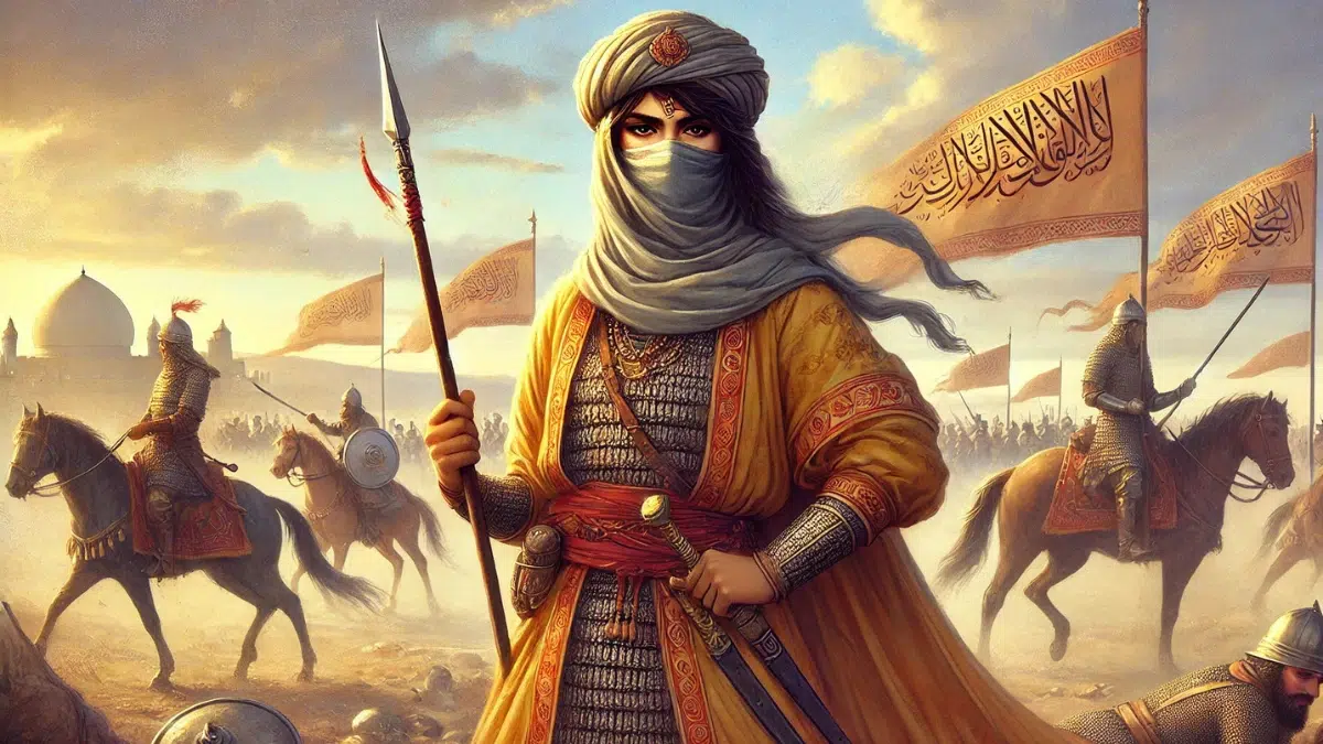 Khawla bint al-Azwar, a legendary warrior from 7th Century Arabia, depicted during the early Islamic conquests. She wears traditional Arab military attire with flowing robes, a turban, and a veil partially covering her face to disguise herself as a man. She holds a spear confidently, symbolizing her bravery, with a shield slung across her back