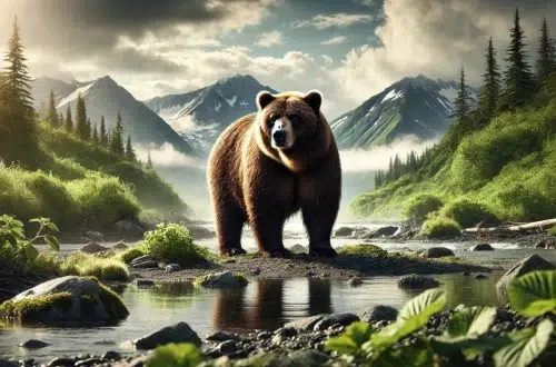 a massive Kodiak bear in its natural habitat in Alaska. The bear stands prominently on a rocky shoreline, surrounded by lush greenery and distant snow-capped mountains. The scene captures the raw power and majesty of the bear, with soft sunlight breaking through a partly cloudy sky, highlighting the bear's thick fur and muscular frame