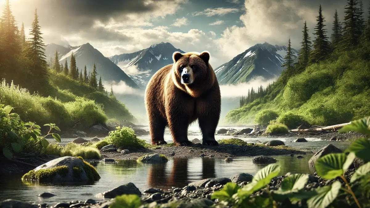 a massive Kodiak bear in its natural habitat in Alaska. The bear stands prominently on a rocky shoreline, surrounded by lush greenery and distant snow-capped mountains. The scene captures the raw power and majesty of the bear, with soft sunlight breaking through a partly cloudy sky, highlighting the bear's thick fur and muscular frame