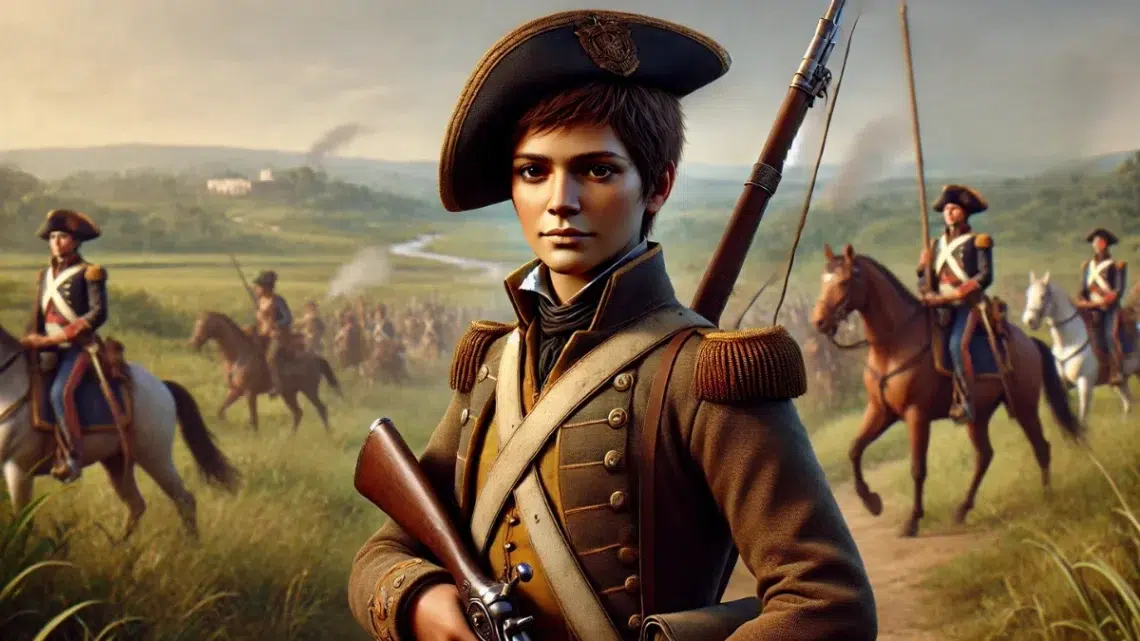 Maria Quitéria, a Brazilian national hero from the 18th century, depicted as a soldier during Brazil’s fight for independence. She has short, cropped hair to reflect her disguise as a man and wears a realistic 18th-century Brazilian military uniform, including a jacket, trousers, and a military hat. She holds a musket and stands confidently, showcasing determination and bravery