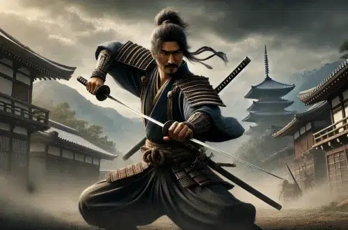 Miyamoto Musashi, the legendary Japanese samurai, depicted during one of his intense duels. He is shown mid-action, his dual swords poised in a dynamic, powerful stance, capturing the energy of combat. The scene takes place in a dramatic feudal Japanese landscape with mountains and a traditional Japanese temple in the background, under a cloudy, moody sky