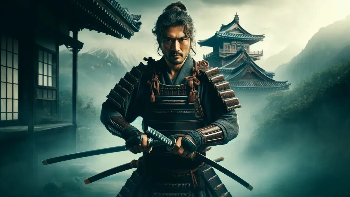 Miyamoto Musashi, legendary Japanese samurai, depicted during one of his famous duels. He stands confidently, holding his dual swords in a traditional samurai stance, ready to engage his opponent. The scene captures the tension and focus of a duel in feudal Japan, with a misty, atmospheric background that includes traditional Japanese architecture and mountainous landscapes