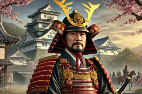 portrait of Oda Nobunaga, a prominent samurai leader from 16th century Japan. He wears traditional samurai armour, including a kabuto helmet with gold antlers, and a rich, embroidered haori over his armour. He stands confidently against a backdrop of a 16th-century Japanese castle with cherry blossoms